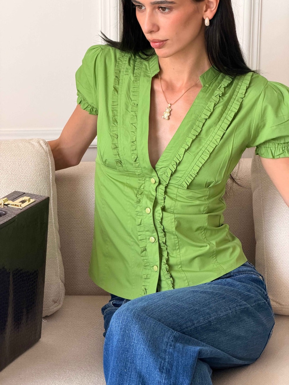 Evierose Green Ruffle-Front Button Blouse - Picture 9 of 9